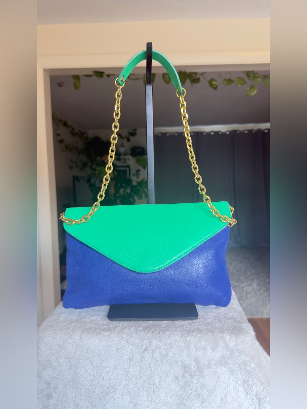 J.Crew Invitation Pebbled Leather Colorblock Envelope Clutch Chain Bag Blue Gree